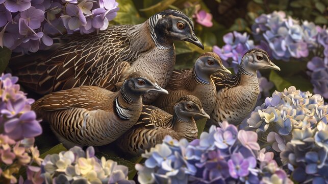 A family of quails nestled among a bed of blooming hydrangeas, the flowersa?? rich hues enhancing the quailsa?? intricate feather patterns.