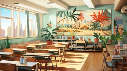 Fototapeta premium A photo of a classroom with students learning about climate change, emphasizing the role of education in raising awareness and fostering environmental stewardship. Painting Illustration style,
