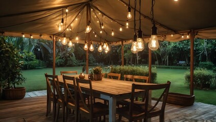 Vintage light bulbs hanging on the old tent over the empty dining table set glass table and wooden chairs in the outdoor garden evening scene with no people - Powered by Adobe
