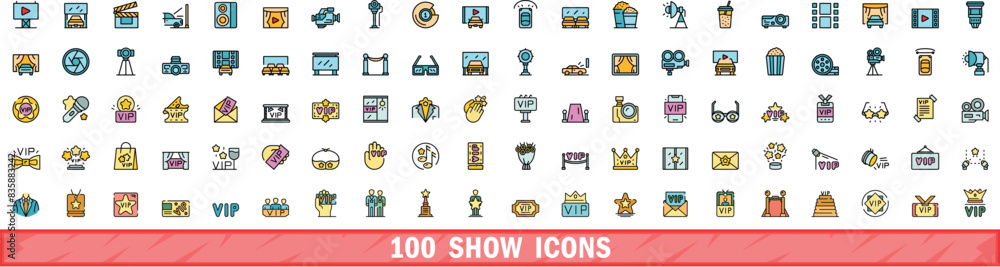 Poster 100 show icons set. color line set of show vector icons thin line color flat on white