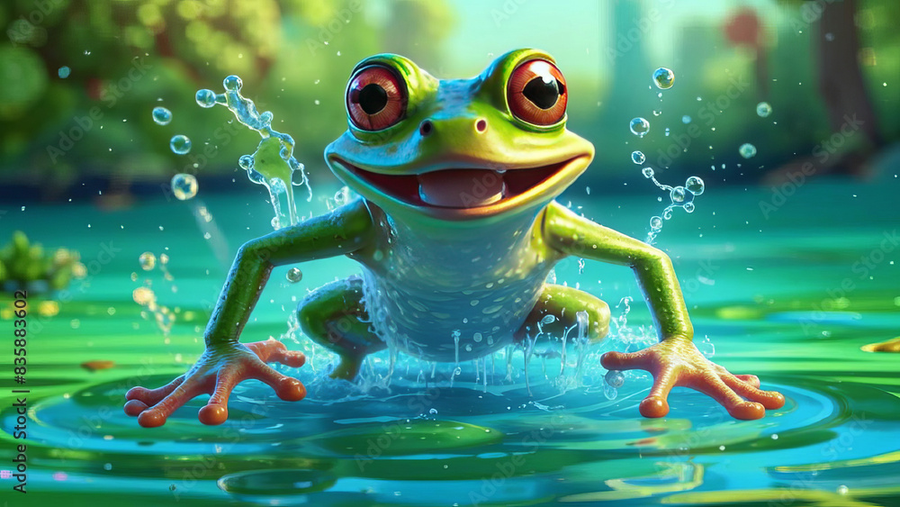 Wall mural A green frog frolicking in a pond of blue water, close-up.