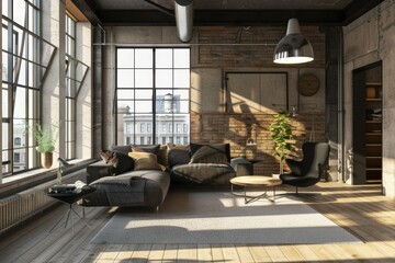 Industrial loft living room. A stylish living room with large industrial-style windows, exposed brick walls, and modern furniture.