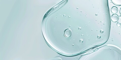 Transparent hyaluronic acid gel texture with visible air bubbles, set against a light blue background. The image emphasizes hydration and skincare
