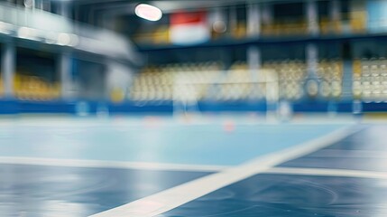 Blurred background of a futsal arena with an empty court and seating area. The image captures the indoor sports facility, highlighting the court markings and the stadium's ambiance.