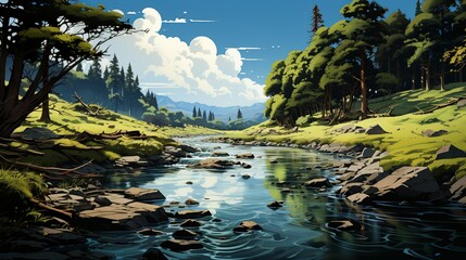A photo of a pristine river winding through a forest, representing the interconnectedness of natural water systems and the importance of protecting them from pollution and climate change. Painting