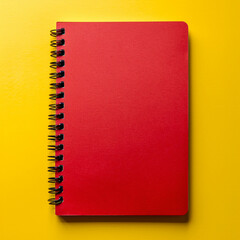 A red notebook placed in the top right corner of a solid yellow background, ready for taking notes.
