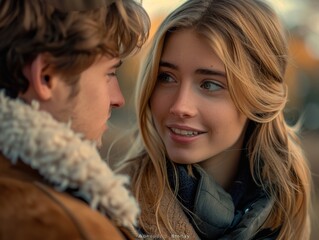 Fototapeta premium Young Couple Sharing a Loving Moment During an Autumn Day
