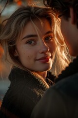 Fototapeta premium Woman Looking At Man With Golden Hour Light