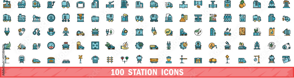 Poster 100 station icons set. color line set of station vector icons thin line color flat on white