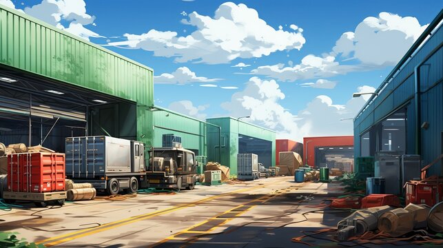 A photograph of a recycling facility in operation, showcasing the importance of waste management and recycling in reducing environmental impact and promoting sustainability. Painting Illustration