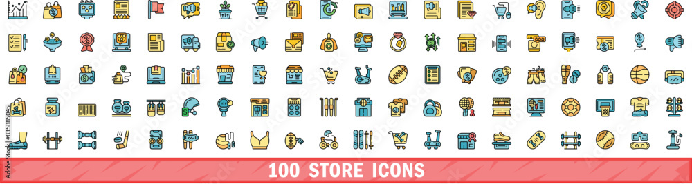Poster 100 store icons set. color line set of store vector icons thin line color flat on white