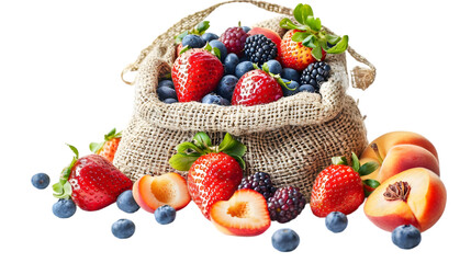 transparent,png,A variety of fresh berries and fruits spilling out of a rustic bag, including strawberries, blueberries, blackberries, and peaches on a white background.