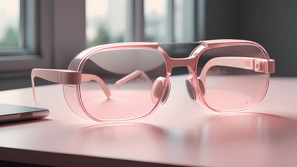 A stunning, minimalist, thin lightweight light pink translucent glass VR glasses designed by BRAUN, Dieter Rams. Product ad retro. industrial design inspiration. Unreal engine render, natural lighting