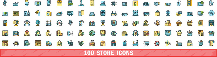 100 store icons set. Color line set of store vector icons thin line color flat on white