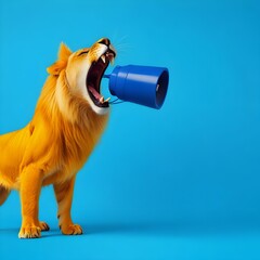 Cool beautiful lion holding and screaming into a yellow loudspeaker on a blue background. Business management and boss, a creative idea. Successful advertising and management, concept. Attention