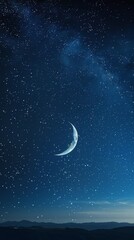 Naklejka premium A serene celestial vision of a crescent moon surrounded by twinkling stars, set against a deep blue sky. The simplicity of the scene, with its clean lines and soft glow, creates a peaceful and