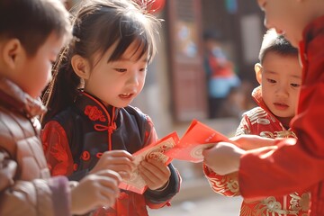 Children receiving red envelopes (hongbao) filled with money during Chinese New Year