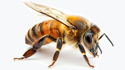 A clear, high-resolution image of a honeybee's profile, with its stinger and legs clearly visible against a white backdrop