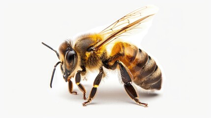 A clear, high-resolution image of a honeybee's profile, with its stinger and legs clearly visible against a white backdrop