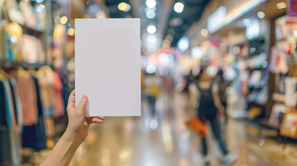 A hand holding an A4 proportion flyer in portrait orientation, with a blurred shop background