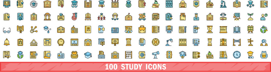 100 study icons set. Color line set of study vector icons thin line color flat on white