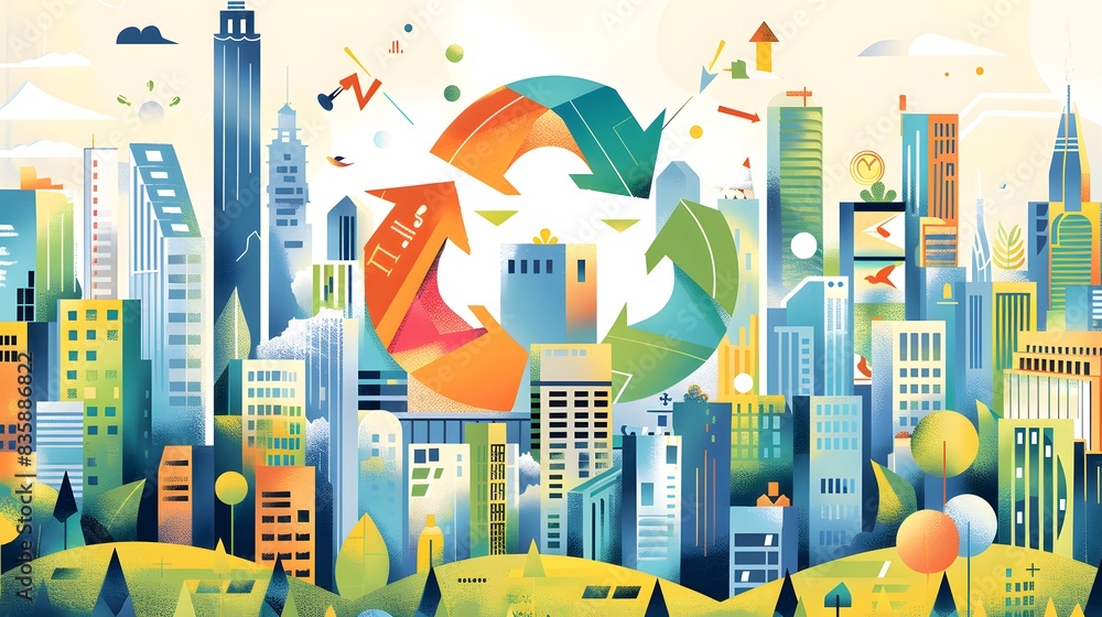 Poster a vibrant cityscape with arrows symbolizing the continuous flow of resources in a circular economy l