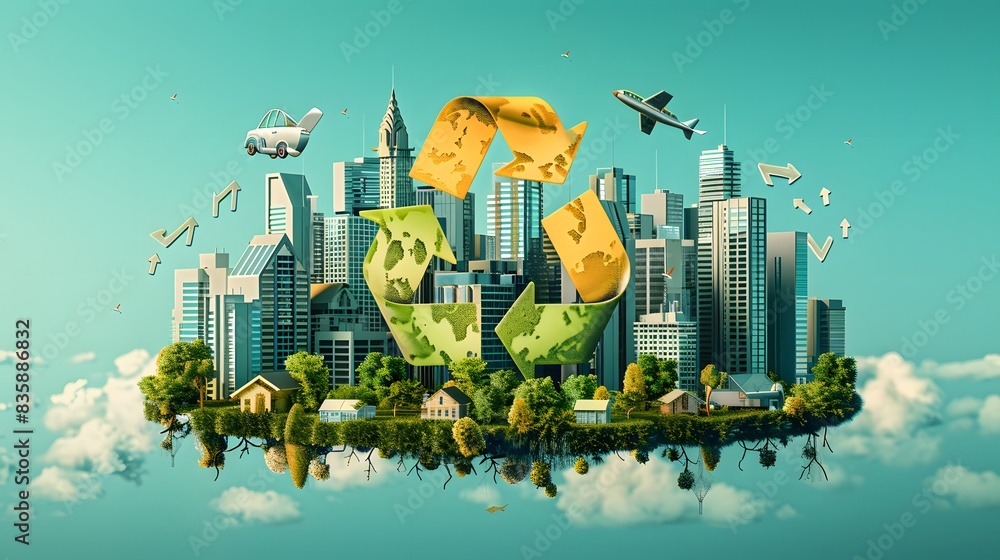 Poster a vibrant cityscape with arrows symbolizing the continuous flow of resources in a circular economy l