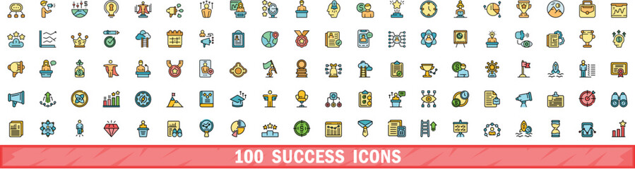 100 success icons set. Color line set of success vector icons thin line color flat on white