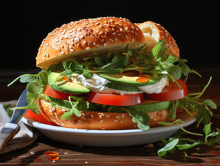 Croissants sandwiches on the wooden cutting board