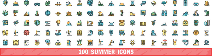 100 summer icons set. Color line set of summer vector icons thin line color flat on white