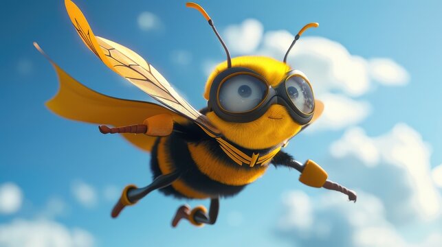 A cute cartoon bee dressed as a superhero, flying with a cape and mask, ready to save the day