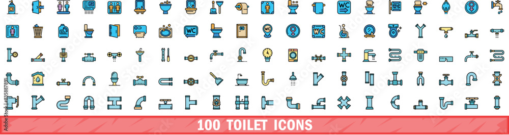 Sticker 100 toilet icons set. Color line set of toilet vector icons thin line color flat on white