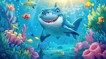 A cute cartoon shark with a big smile, swimming happily in the ocean, surrounded by colorful fish...