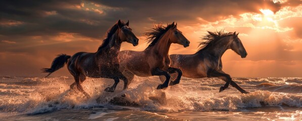 Three majestic horses galloping through the surf of an ocean beach