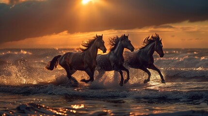 Three majestic horses galloping through the surf of an ocean beach