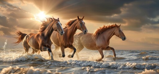 Three majestic horses galloping through the surf of an ocean beach