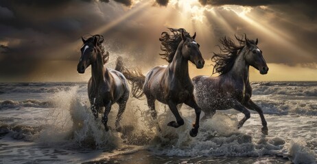 Three majestic horses galloping through the surf of an ocean beach