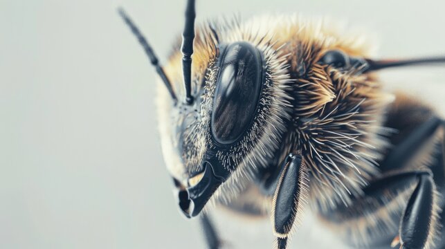 A detailed image of a bee resting, highlighting its compound eyes and hairy body against a white background