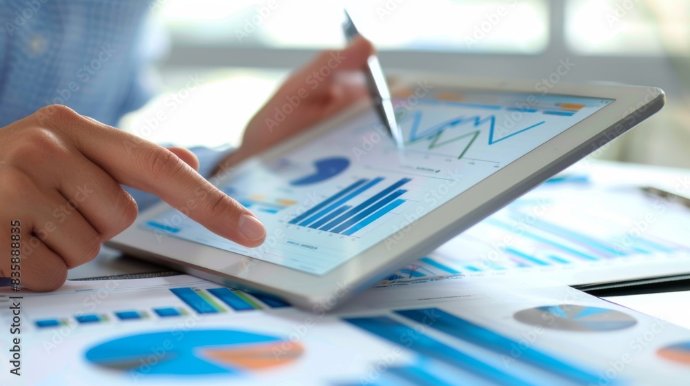 Aufkleber a business analyst reviewing financial reports and business graphs on a tablet, evaluating company p