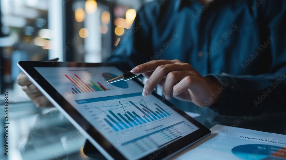 Poster A business analyst reviewing financial reports and business graphs on a tablet, evaluating company performance and making recommendations.