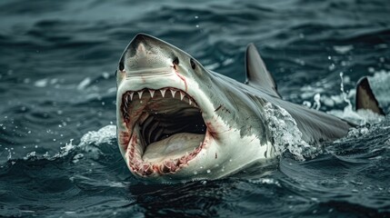 Naklejka premium A dramatic shot of a shark's mouth wide open, with sharp teeth ready to bite down on its prey in the murky waters