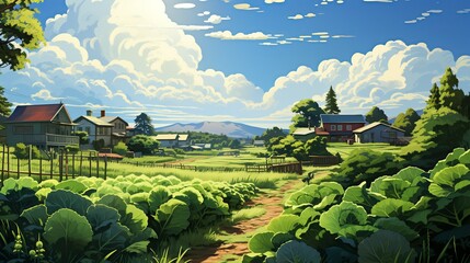 A photo of a community garden with raised beds and compost bins, showcasing local efforts to promote sustainable agriculture and food security in the face of climate challenges. Painting Illustration