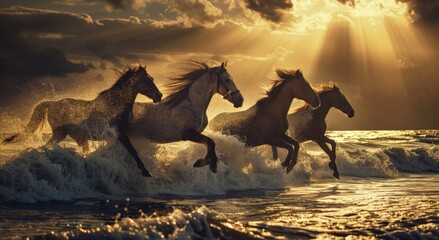 Three majestic horses galloping through the surf of an ocean beach