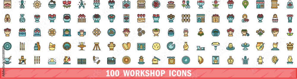 Aufkleber 100 workshop icons set. color line set of workshop vector icons thin line color flat on white