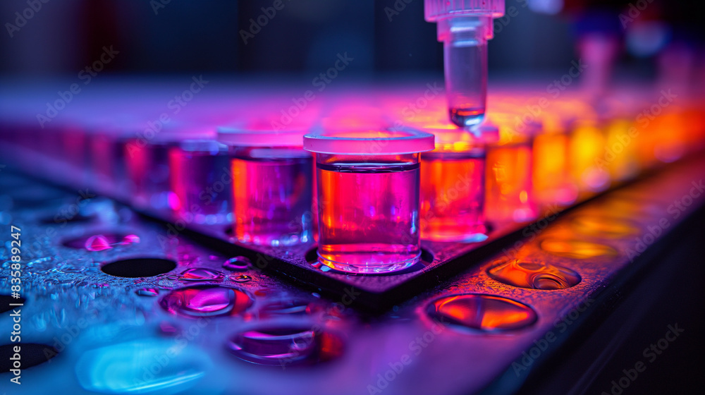 Poster illuminated multi colored microplate in lab.