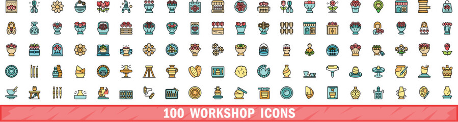 100 workshop icons set. Color line set of workshop vector icons thin line color flat on white