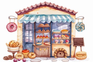 Illustration of cute bakery storefront with colorful pastries in watercolor style