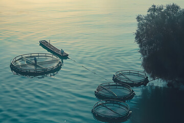 serene aquatic landscape, several fish pens float peacefully on the water, with one small boat attending to them, creating a harmonious scene of modern aquaculture and sustainable farming practices