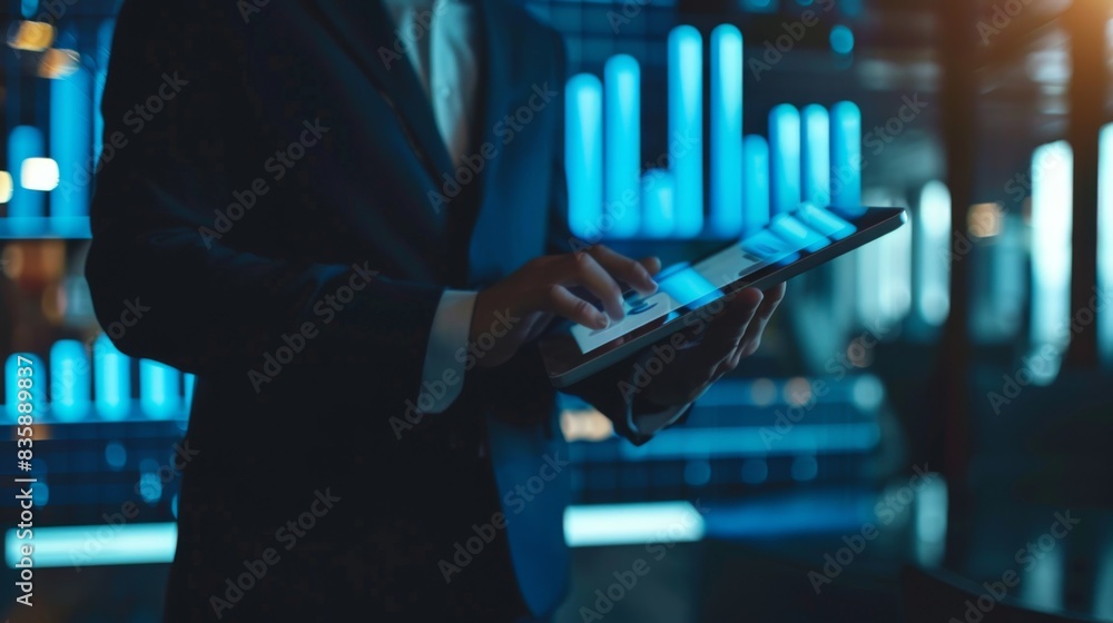 Poster A businessman analyzing a business graph on a digital tablet, strategizing growth plans in a modern office setting.