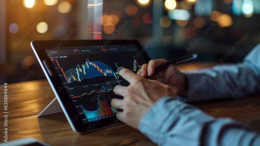 Poster a businessman analyzing a stock graph on a digital tablet, pondering investment strategies in a mode